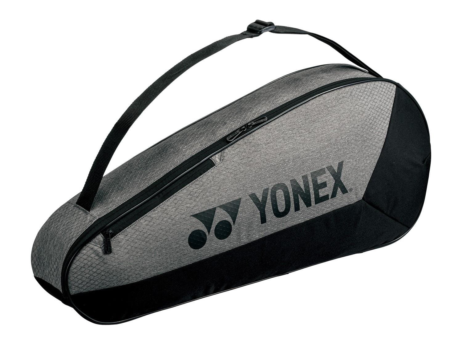 The Yonex 42523EX Team 3 Racket Badminton Bag in grey/black boasts a lightweight design, shoulder strap, and quality YKK zippers, with the Yonex logo prominently displayed.
