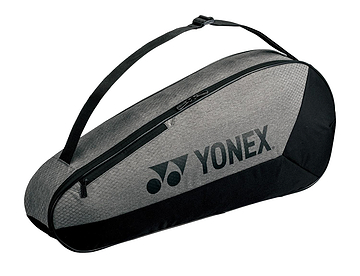 The Yonex 42523EX Team 3 Racket Badminton Bag in grey/black boasts a lightweight design, shoulder strap, and quality YKK zippers, with the Yonex logo prominently displayed.