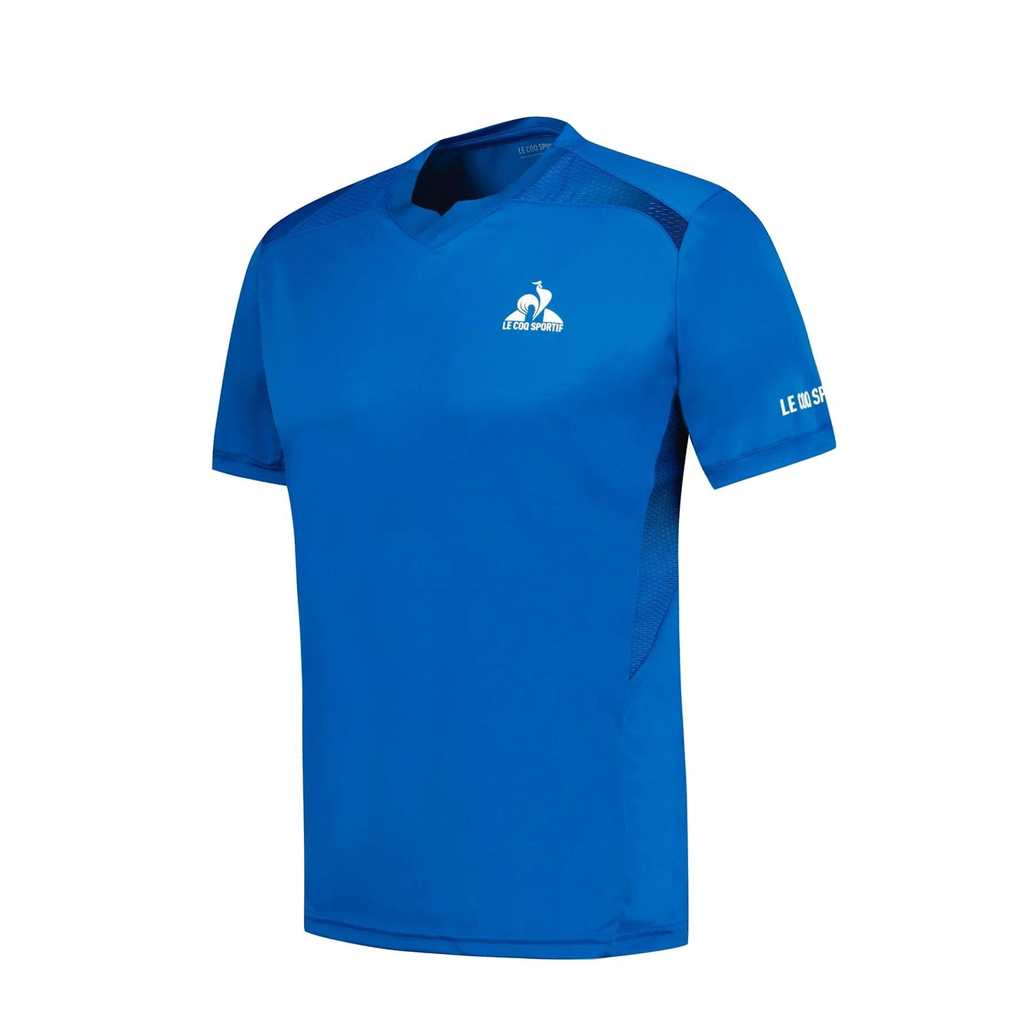 The Le Coq Sportif Pro Mens Badminton T-Shirt in Lapis Blue features a v-neck, short sleeves, white rooster logo, and "Le Coq Sportif" text on the chest and sleeve. Made from breathable sportswear fabric for comfort during play.