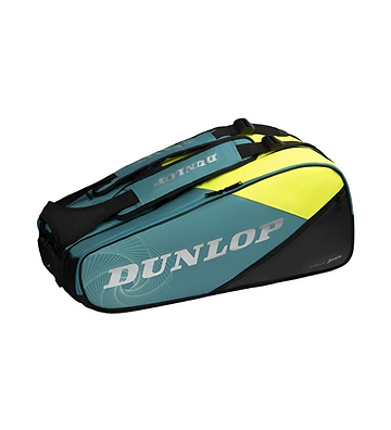 The Dunlop SX Performance 8 Racket Badminton Bag in teal, black, and yellow holds rackets and gear. It features ergonomic shoulder straps for comfort and prominently displays the "DUNLOP" brand name on the side.