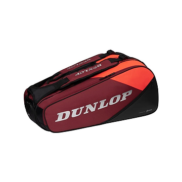 The Dunlop CX Performance 8 Badminton Racket Bag showcases a striking black and red design, equipped with multiple compartments, ergonomic shoulder straps for comfort, and a bold white Dunlop logo on the side.