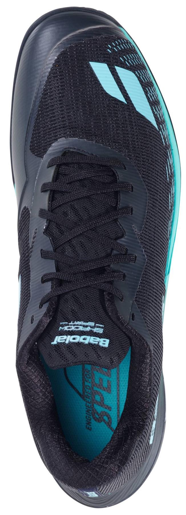 A close-up of the Babolat Shadow Spirit 2 Mens Badminton Shoes in Black/Cyan showcases its durable Michelin sole.