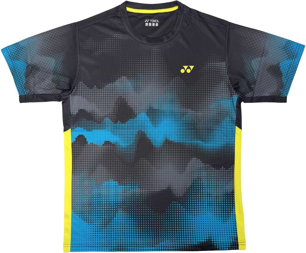 The Yonex YTL2025B Womens Badminton T-Shirt features a black base with blue and gray digital patterns, yellow side panels, a small yellow chest logo, and is made from breathable sports fabric.