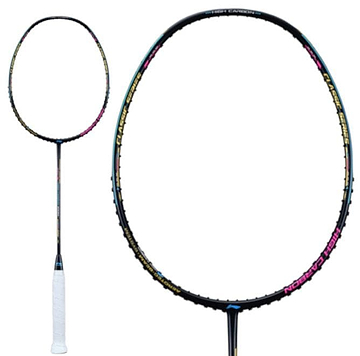 The Li-Ning Windstorm 79H 5U Badminton Racket in black features TB-Nano Technology and a white grip. The main image showcases a close-up of the head, with a smaller full view on the left against a plain background.