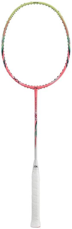 The Li-Ning Windstorm 72 Speed 6U Badminton Racket in Light Pink is a lightweight racket with a white grip, slim shaft, and pink-yellow frame featuring TB Nano Technology, shown on a plain white background.