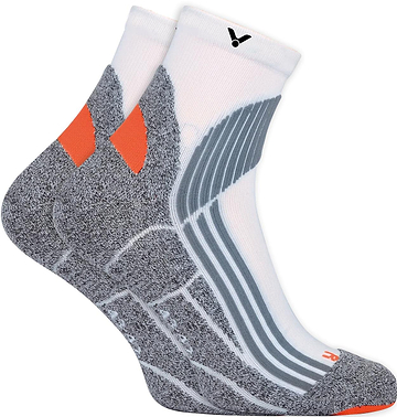 The Victor Indoor Explosion Badminton Socks (2 Pack) feature a white upper, grey textured foot, orange heel and toe accents, a small black Victor logo near the top, and supportive ribbing—perfect for indoor badminton.