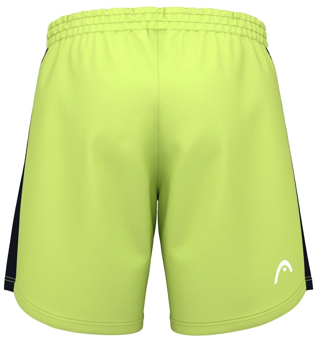 HEAD Power Men's Badminton Shorts feature neon green athletic design with an elastic waistband, a small white logo on the lower right corner, and dark side panels for 4-way stretch. These LL-size shorts emphasize style and comfort from the back view.