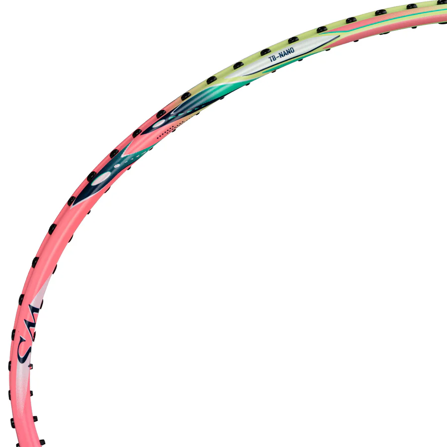 Close-up of the Li-Ning Windstorm 72 Speed 6U Badminton Racket in light pink, showcasing its colorful gradient frame, TB Nano Technology, black string holes, and partial branding on the lightweight design.