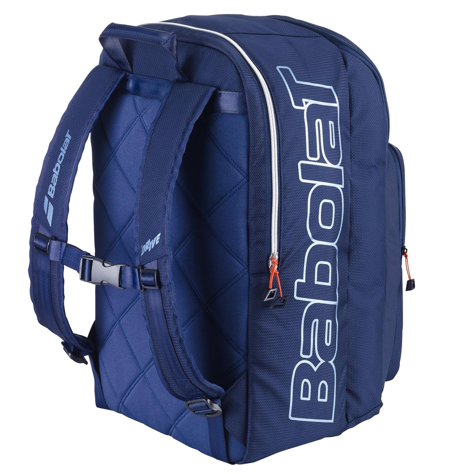 The Babolat Pure Drive Badminton Backpack - Blue is ideal for badminton gear, with padded shoulder straps and spacious zippered compartments. The quilted fabric enhances style, and the side displays the Babolat brand.