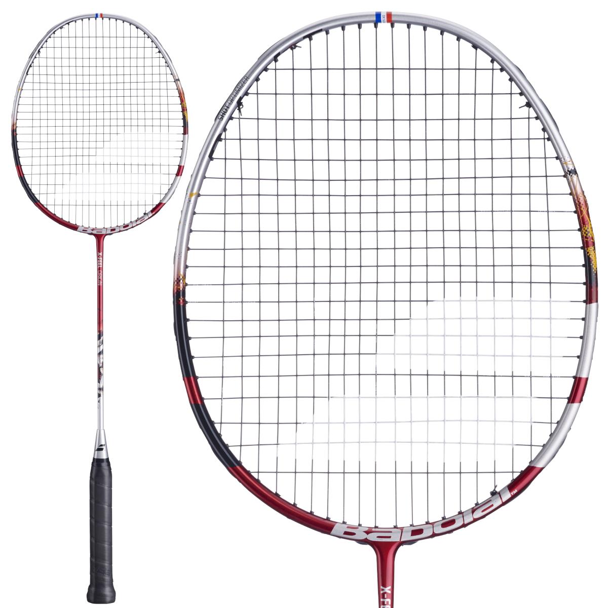 A Babolat X-Feel Origin 2026 3U Badminton Racket in silver and red is shown with a black grip against a white background. The image displays both a full view and a close-up of the racket head, ideal for intermediate to advanced players.