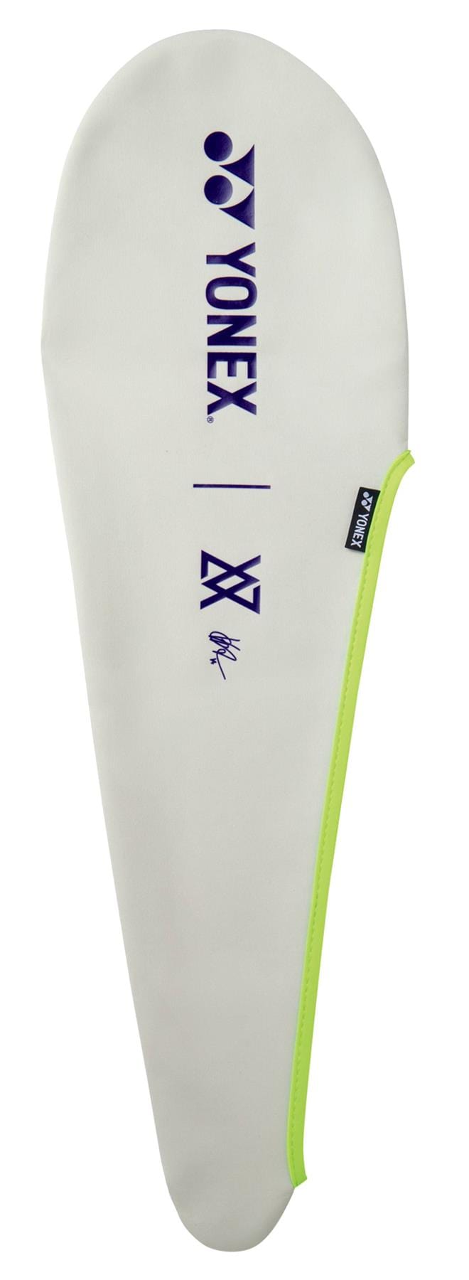 A white Yonex Astrox 100 Tour VA Viktor Axelsen racket cover features purple Yonex branding and logo, a black side tag, Viktor Axelsen signature, and neon yellow trim along one edge.