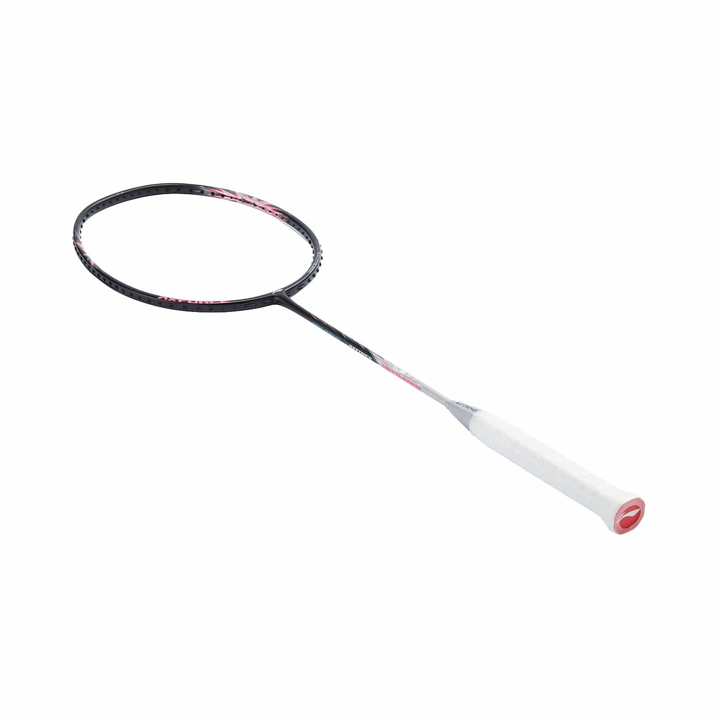 The Li-Ning Axforce Big Bang 5U badminton racket, created for intermediate to advanced players, showcases a bold black and silver design with a pristine white grip, all set against a clean white background.