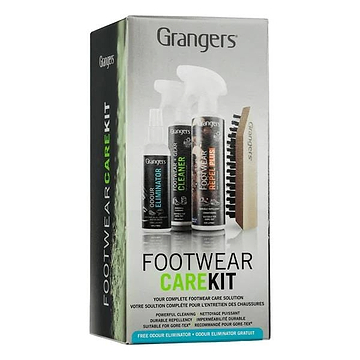 The Grangers Footwear Care Kit by Grangers features a versatile Footwear Cleaner spray, a powerful protector spray, an odor eliminator, and a handy brush, all packaged to highlight their effectiveness on every type of footwear.