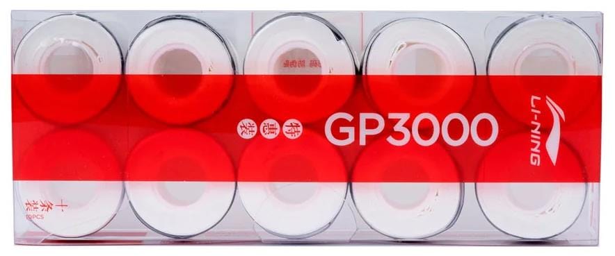 The Li-Ning GP3000 Badminton Overgrip, a pack of 10 in white, showcases the iconic red logo and branding. Crafted for superior grip control, these overgrips enhance any serious player's gear with precision and performance.