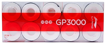 The Li-Ning GP3000 Badminton Overgrip, a pack of 10 in white, showcases the iconic red logo and branding. Crafted for superior grip control, these overgrips enhance any serious player's gear with precision and performance.