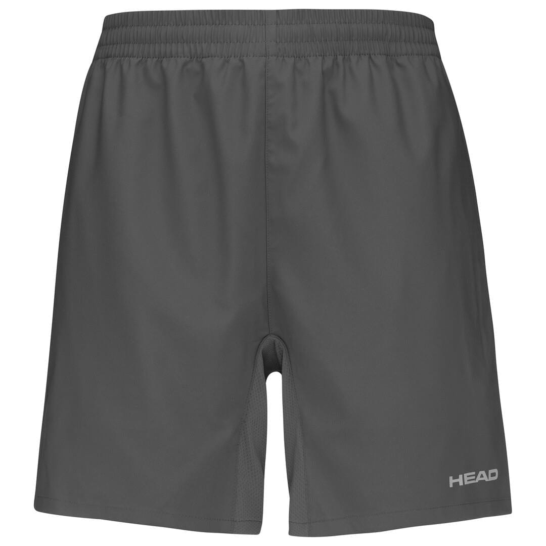 Antracite Grey HEAD Club Men's Shorts with an elastic waistband, featuring the "HEAD" logo on the front lower right side. Designed with MXM Technology and Moisture Transfer Microfibre for ultimate comfort and performance on the court.