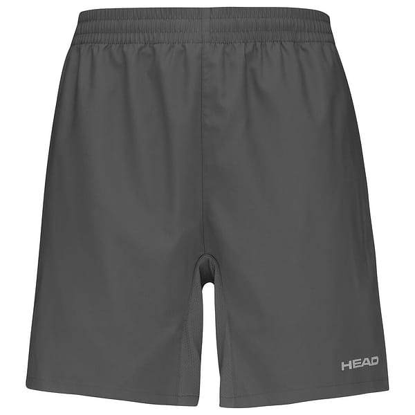 Antracite Grey HEAD Club Men's Shorts with an elastic waistband, featuring the "HEAD" logo on the front lower right side. Designed with MXM Technology and Moisture Transfer Microfibre for ultimate comfort and performance on the court.