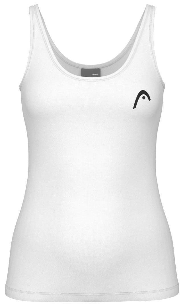The HEAD Spirit II Women's Badminton Tank Top in white features moisture transfer microfiber technology, a rounded neckline, and a small black logo on the left chest, ideal for your next badminton match.