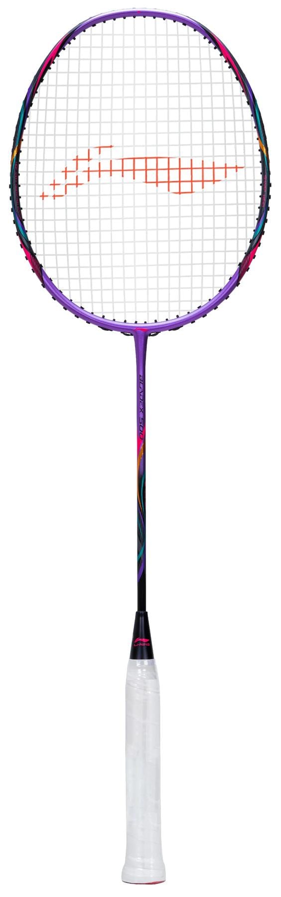 The Li-Ning BladeX 500 3U Badminton Racket - Zircon features a white grip, purple shaft, rounded head with red string markings, and TB Nano Technology for enhanced durability and performance.