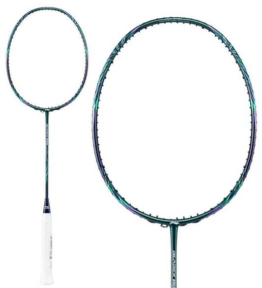 A Li-Ning BladeX 800 4U Badminton Racket in dark green, featuring Swing Weight Technology and a white grip, is displayed fully with a close-up of the racket head against a white background.