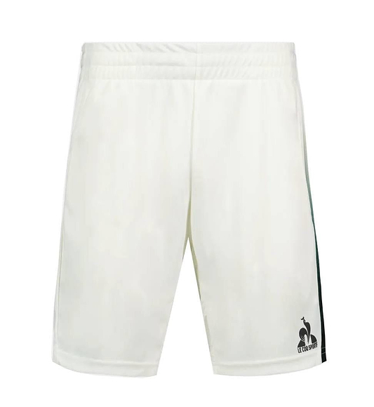 Le Coq Sportif Pro Men's Badminton Shorts in Marshmallow feature a dark green side stripe and black logo on the lower left leg, made from breathable fabric for optimal movement. Displayed against a white background.