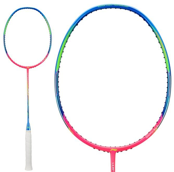 The Li-Ning Windstorm 72S 6U Badminton Racket in Neon Pink sports a vibrant frame with a gradient of pink, blue, and green colors, paired with a white grip. Featuring TB Nano Technology, the racket ensures top-notch performance. Displayed on a white background, the strings are not visible in the full and close-up views.