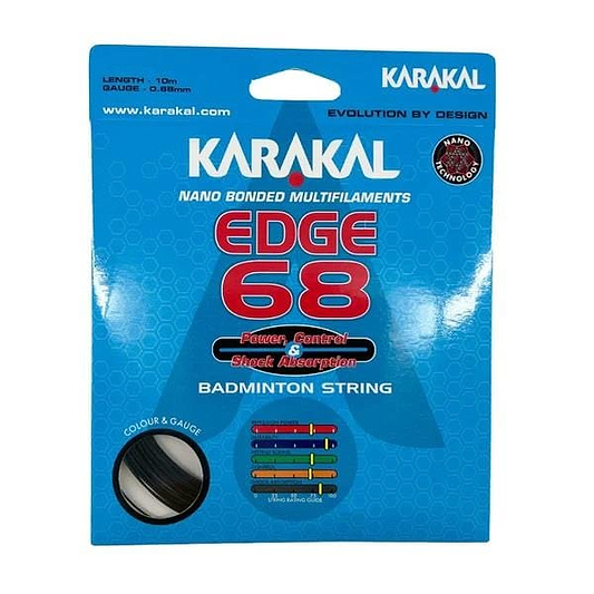 The image showcases a black Karakal Edge 68 badminton string package, highlighting features such as superior patch control and advanced Nano Technology for excellent shock absorption. It also includes color and gauge details, along with a view of the string inside.