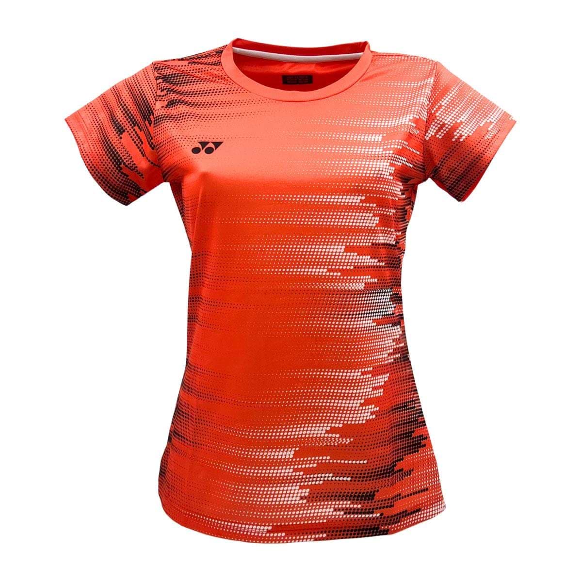 The Yonex YTL7 Women's Badminton T-Shirt in Light Coral is a vibrant athletic top made from moisture-wicking polyester. It features a black geometric pattern, tailored fit, short sleeves, a black logo on the left chest, and a round neckline designed for performance and comfort.