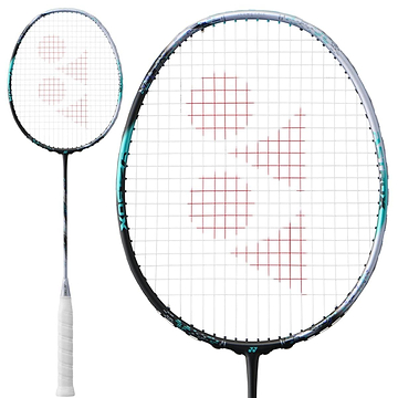 The Yonex Astrox 88D Pro 4U Gen 3 2024 Badminton Racket from Yonex boasts a stylish black and silver frame, complete with white strings. Its string bed is accented by a distinctive red triangular logo. Perfect for defensive players who shine in backcourt positions, the racket's handle comes wrapped in white grip tape. Displayed in both full view and a detailed close-up of the head.