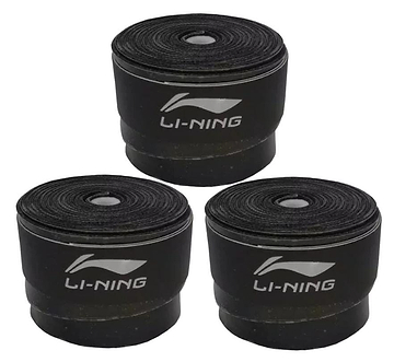 The Li-Ning Badminton Overgrip (3 Pack) in black is rolled up in cylindrical shapes, arranged in a triangular formation. Each super tacky tape prominently displays the Li-Ning brand logo, providing an absorbent grip for enhanced performance.