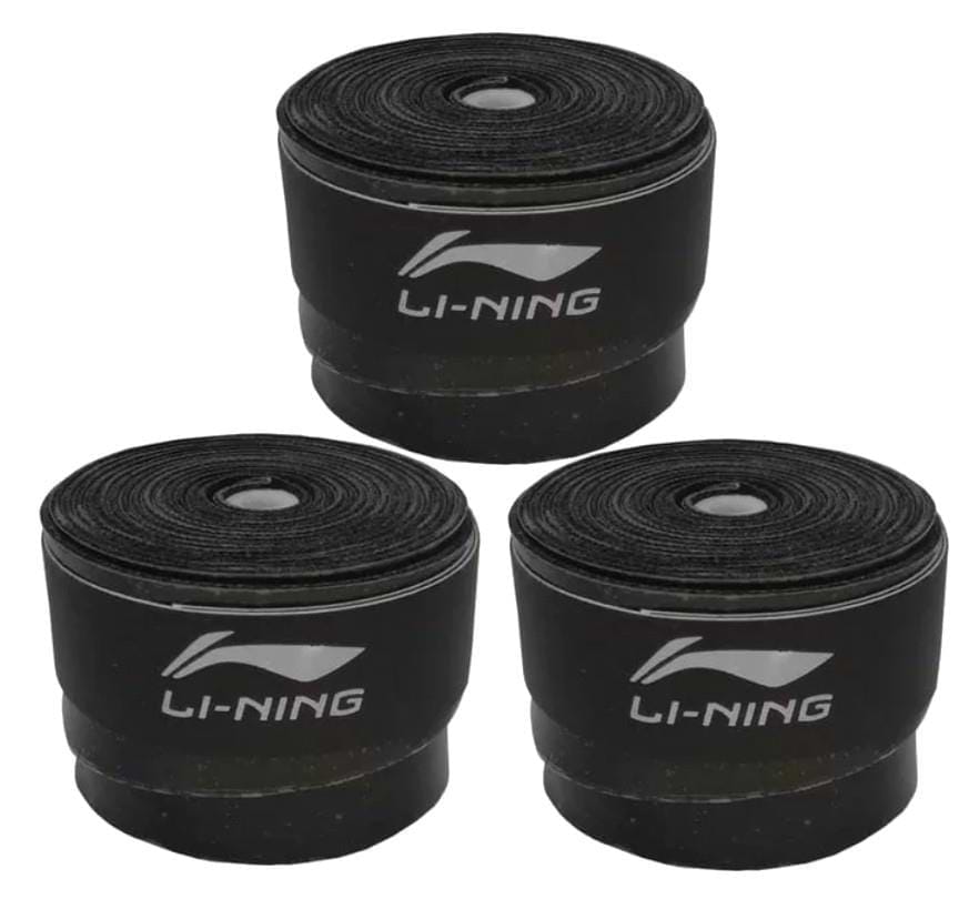 The Li-Ning Badminton Overgrip (3 Pack) in black is rolled up in cylindrical shapes, arranged in a triangular formation. Each super tacky tape prominently displays the Li-Ning brand logo, providing an absorbent grip for enhanced performance.