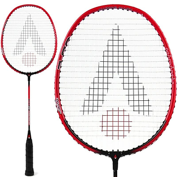 The Karakal CB-2 2.1 Junior Badminton Racket, available in black and red from the renowned brand Karakal, boasts an aluminium head with white strings arranged in a striking geometric pattern. The main image highlights the isometric head, complemented by a smaller side view that showcases the handle and shaft.