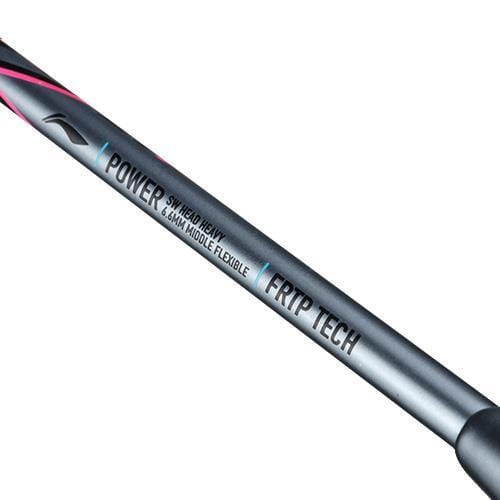 Close-up of the Li-Ning Axforce 80 4U Badminton Racket shaft in black, highlighting "POWER 8.4MM MEDIUM & 6.6MM MODULE FLEXIBLE" and "FRP TECH" on its metallic gray surface, reflecting advanced Li-Ning technology.