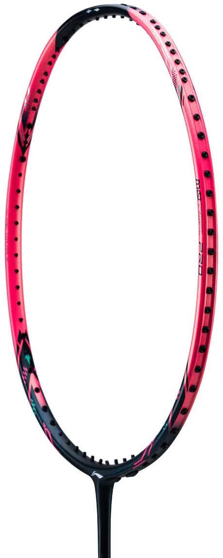 A close-up of the Li-Ning Halbertec Motor Pro 5U Badminton Racket in black and pink, featuring a high-modulus graphite frame shown vertically without strings or branding against a white background.