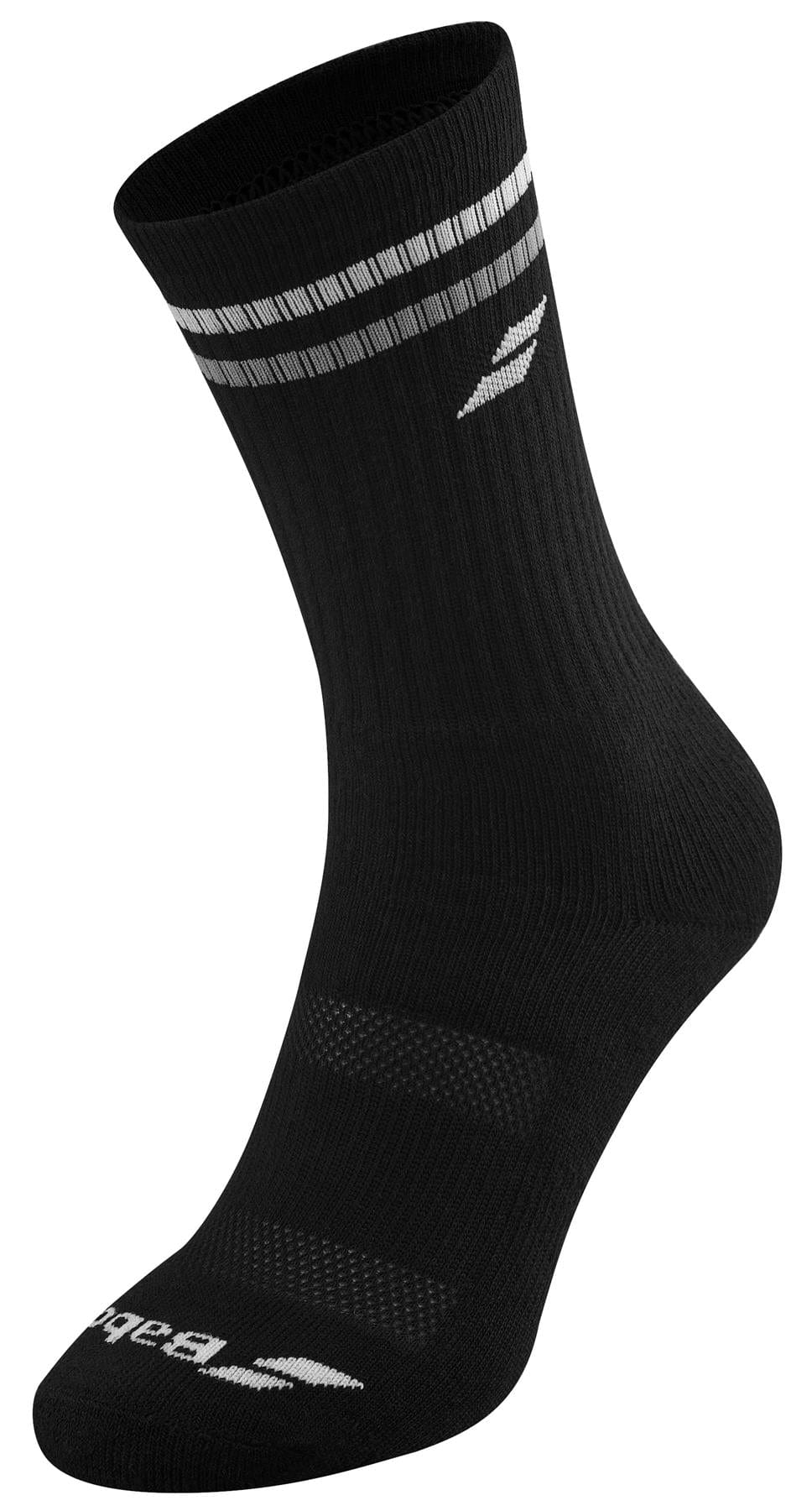 Introducing the Babolat Men's Team Single Badminton Socks in Black/White – a vintage-style sock featuring white stripes near the top and a small white logo, ideal for badminton. Crafted from cotton, these socks boast a ribbed design and mid-calf length, perfect for athletic wear.