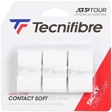 A package of Tecnifibre Contact Soft Badminton Overgrip contains three white grips, officially recognized as ATP Tour accessories. The packaging showcases blue and red branding with the label "CONTACT SOFT 0.6 mm," emphasizing strong tackiness, efficient sweat absorption, and durability for extended use.