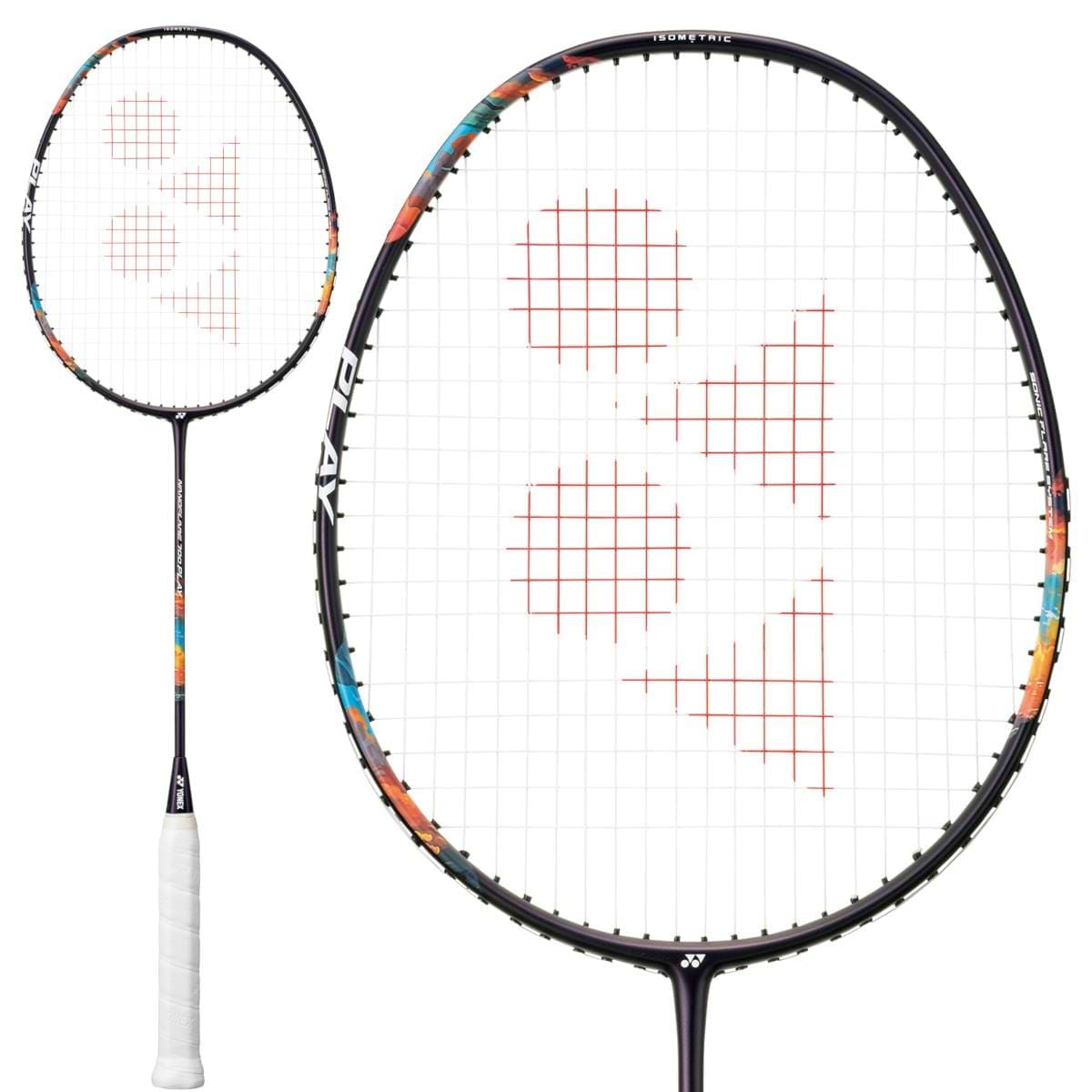 A Yonex Nanoflare 700 Play 4U Badminton Racket in Midnight Purple, featuring a white grip and Yonex's red triangular logo on the strings, is shown in both full view and a close-up of the head.