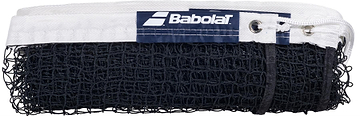 The Babolat Badminton Net is a standard-length black net with a white top band and metal grommets, featuring the Babolat logo on a blue patch—ideal for badminton games.