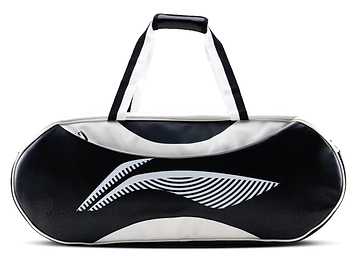 The Li-Ning Competition 6 Racket Badminton Bag in white and black is a stylish and spacious option for carrying up to six rackets, featuring a curved abstract front pattern, black handles, and a top zipper.