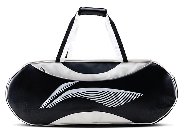 The Li-Ning Competition 6 Racket Badminton Bag in white and black is a stylish and spacious option for carrying up to six rackets, featuring a curved abstract front pattern, black handles, and a top zipper.