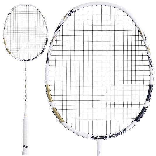 The Babolat Prime 2026 Badminton Racket in white and gold is shown, featuring images of the full racket and a close-up of the head and strings—perfect for anyone seeking a lightweight option from Babolat.