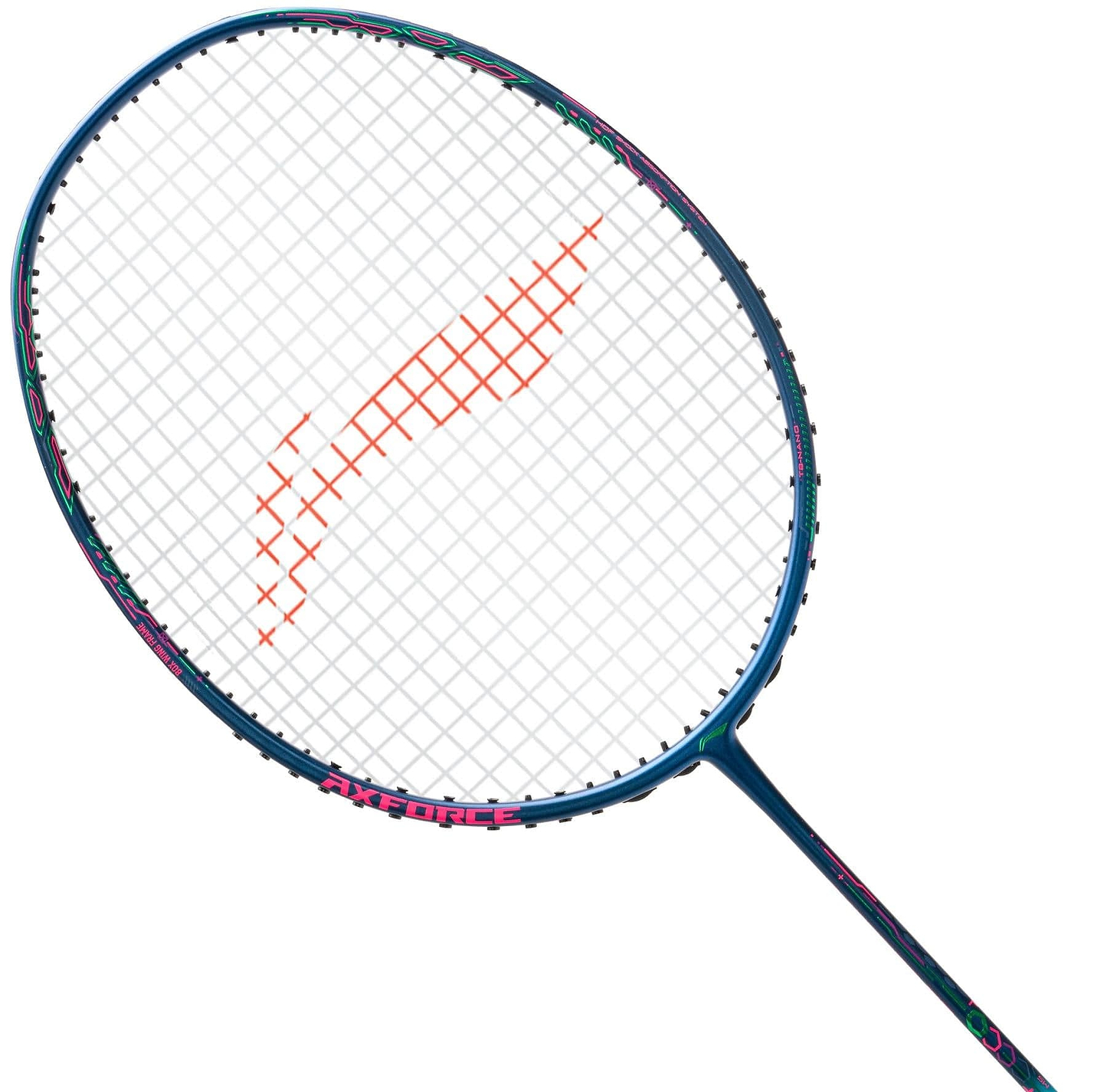 A Li-Ning Axforce 50 5U Badminton Racket in dark purple and blue, featuring a Box Wing Frame and an orange curved design on the white string bed with "AXFORCE" labeled near the head's base.