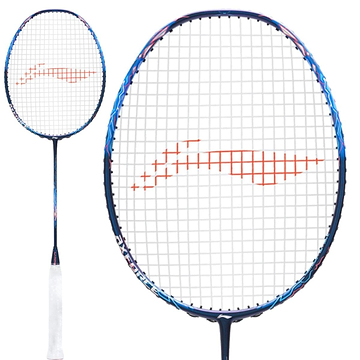 The Li-Ning Axforce 90 Dragon Max 4U Badminton Racket features a white and blue frame and comes equipped with a white stringed head, enhanced by red design accents. Ideal for advanced players, it includes a comfortable white grip on the handle.