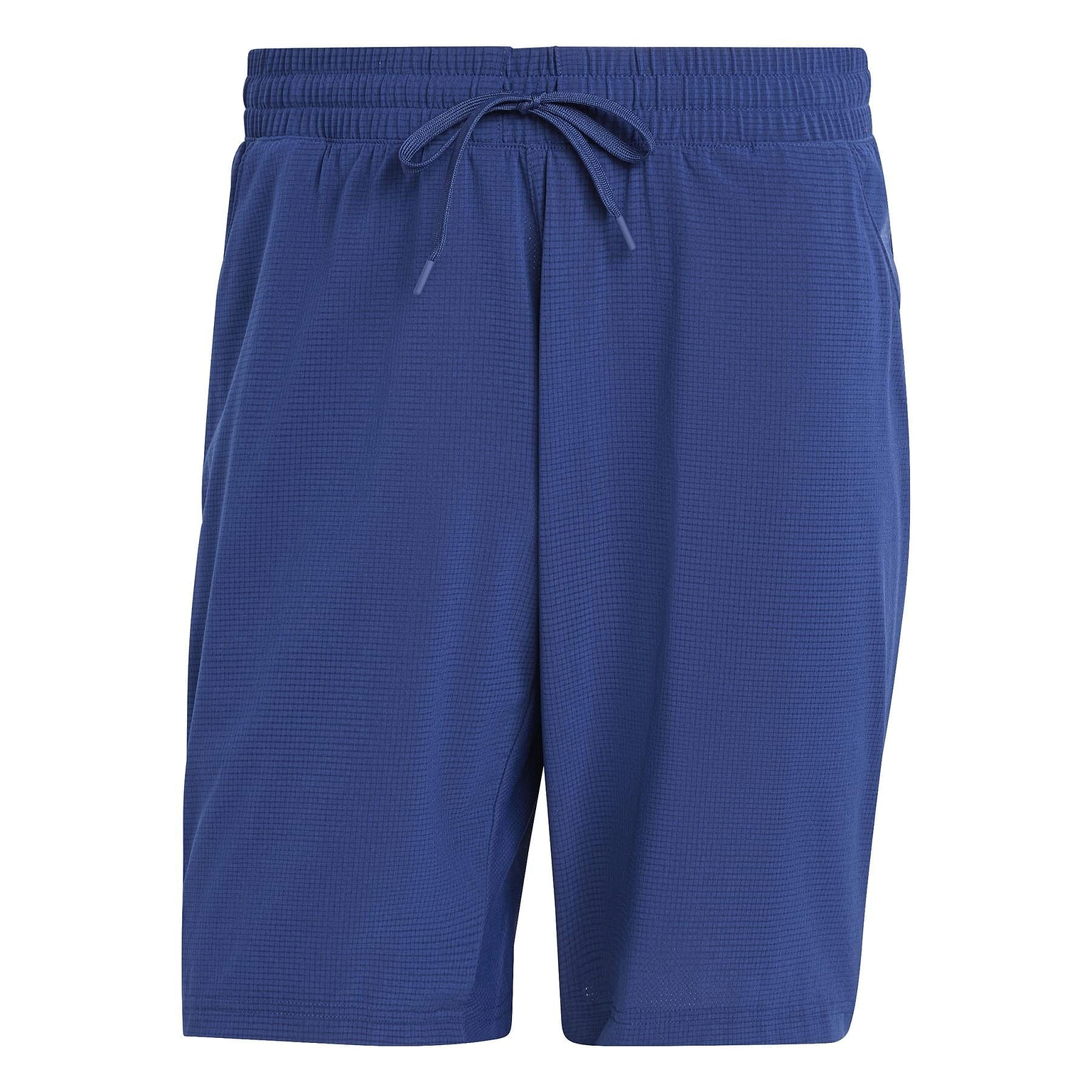 The ADIDAS Ergo Men's Badminton Shorts in navy feature an elastic waistband with adjustable drawstring. Made from recycled materials, they boast a subtle textured pattern for breathable, lightweight comfort.