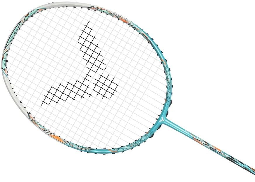 A green Victor Jetspeed S 12TD R 4U badminton racket with the Victor logo on the strings, featuring an Aero-Sword frame, is shown diagonally with the handle pointing to the bottom right.