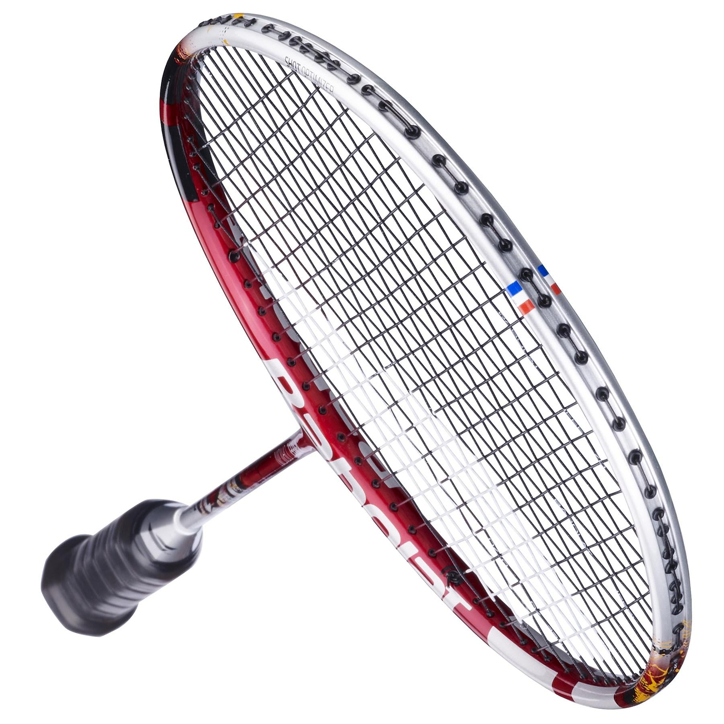 A close-up of the Babolat X-Feel Origin 2026 3U Badminton Racket in Silver/Red with black strings and grip, perfect for intermediate to advanced players, shown against a white background.