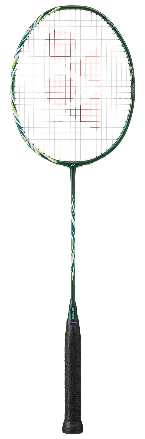 The Yonex Astrox 100 Tour VA Viktor Axelsen 4U Badminton Racket in olive green, featuring red string markings and a black grip, is displayed against a white background. Inspired by Viktor Axelsen’s signature series.