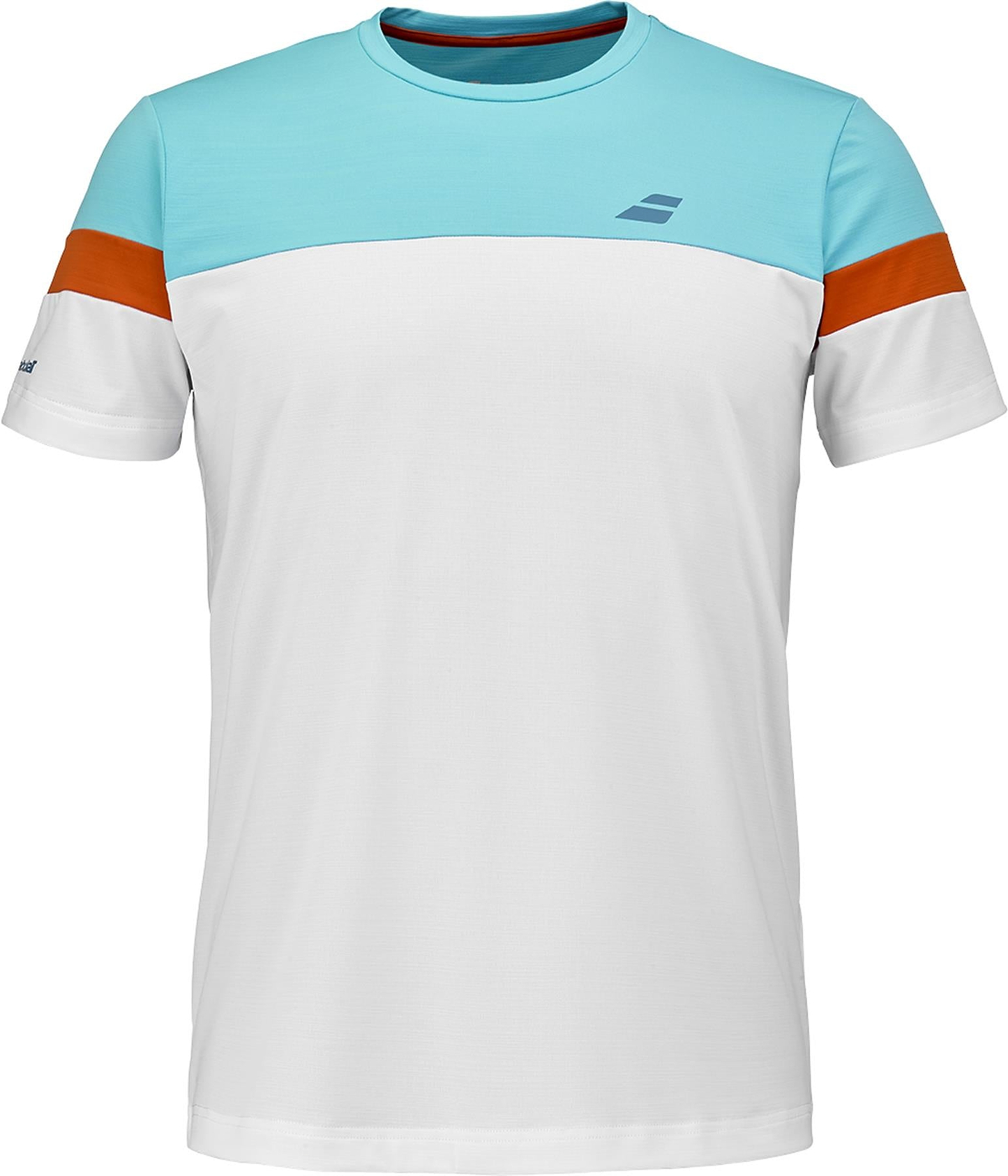 The Babolat Crew Neck Men's Badminton T-Shirt in white features a light blue upper chest and shoulders, orange sleeve bands, a blue logo on the left chest, and offers stylish comfort for badminton.