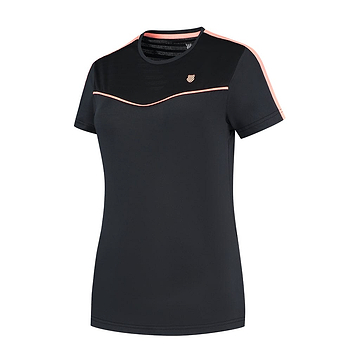 The K-Swiss Tac Hypercourt Round Neck Badminton Top 2 in black showcases sporty elegance with its short sleeves and a pink accent that runs across the chest and sleeves. Featuring a small logo on the left chest, this design masterfully combines simplicity with athletic style.