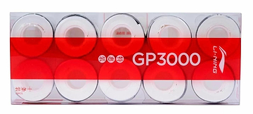 A pack of ten Li-Ning GP3000 White Badminton Overgrip tapes, known for their non-slip technology, is neatly arranged in a transparent plastic box with red labeling.